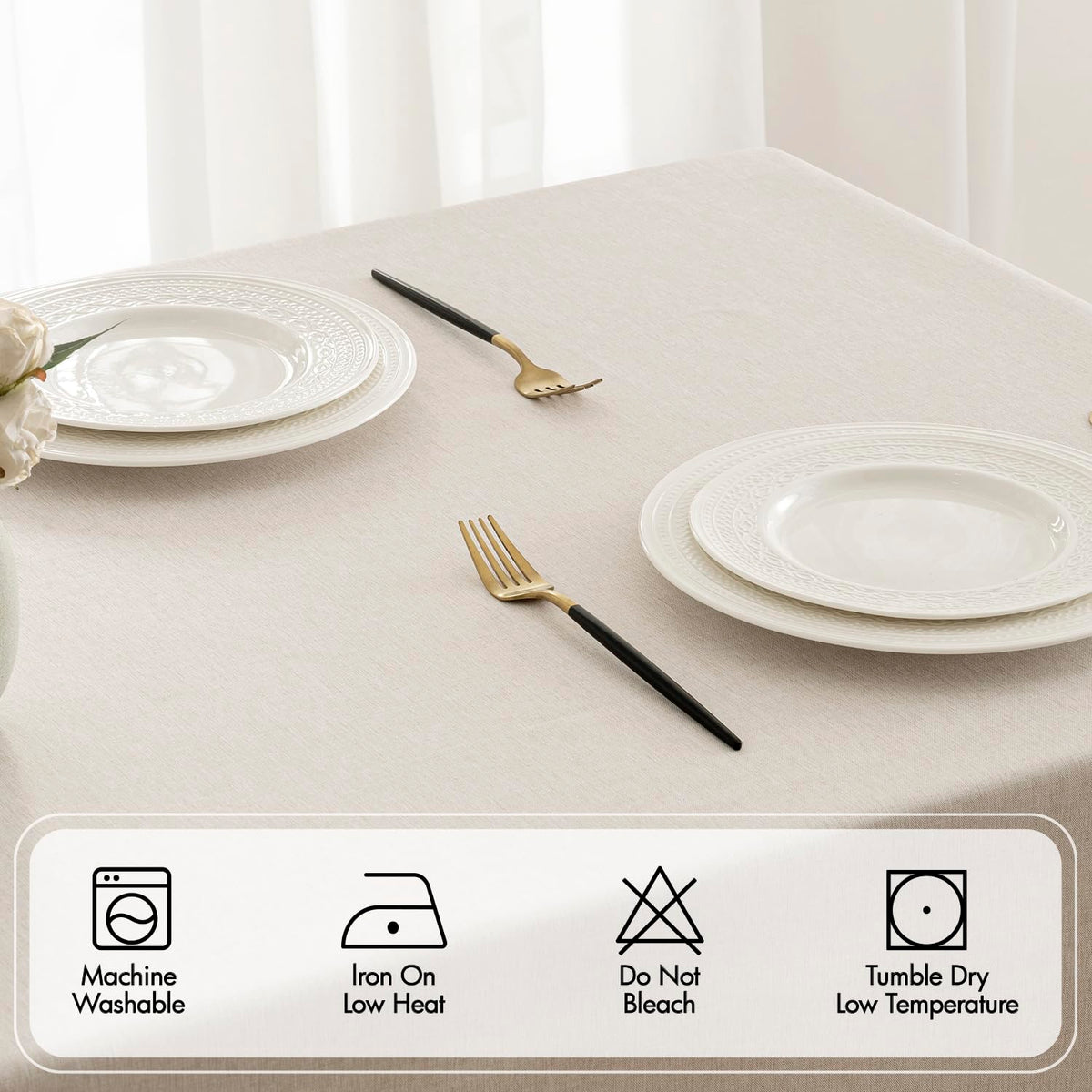 MIULEE beige tablecloth on a dining table creates an elegant setup.