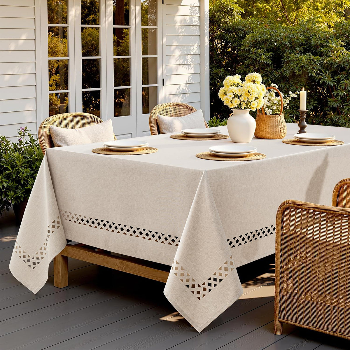 Farmhouse dining scene with MIULEE beige tablecloth and hollow border.