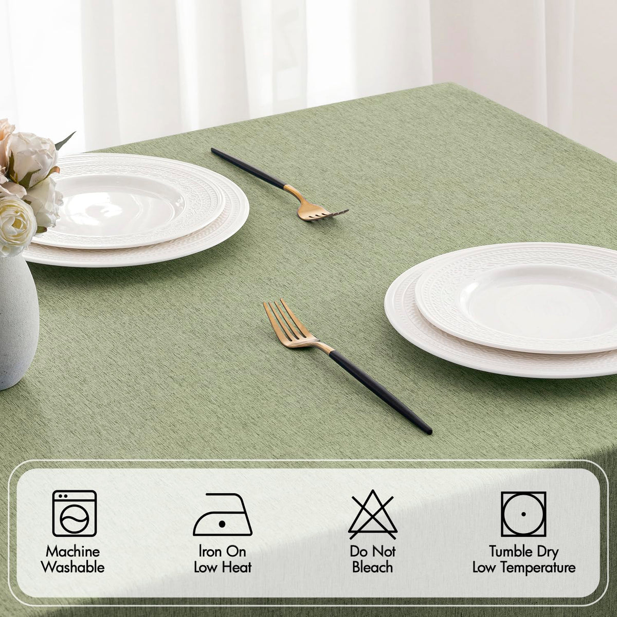 MIULEE Sage Green tablecloth on a dining setup emphasizing easy care