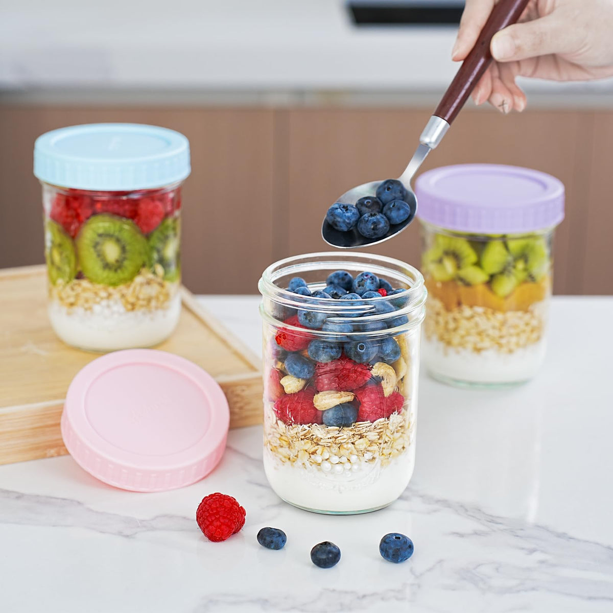 Miuyhji six-pack glass mason jars 16oz for organized meal prep.