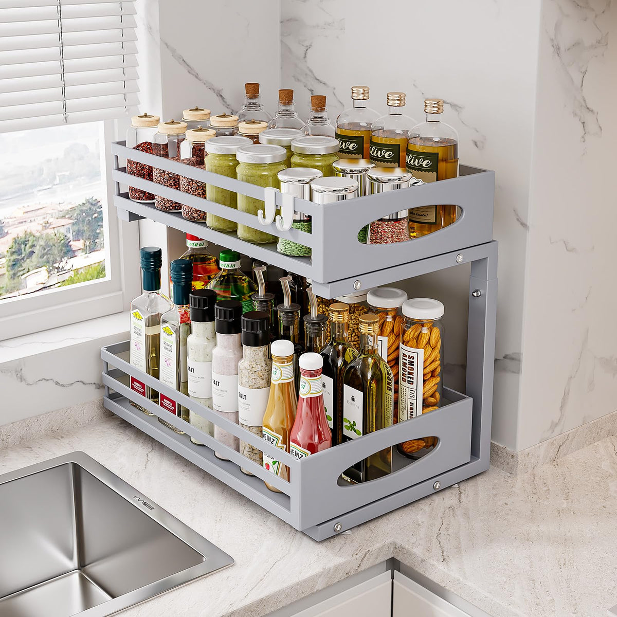 Mixeshop under-sink organizer 2-tier side view highlights slim profile for compact spaces.