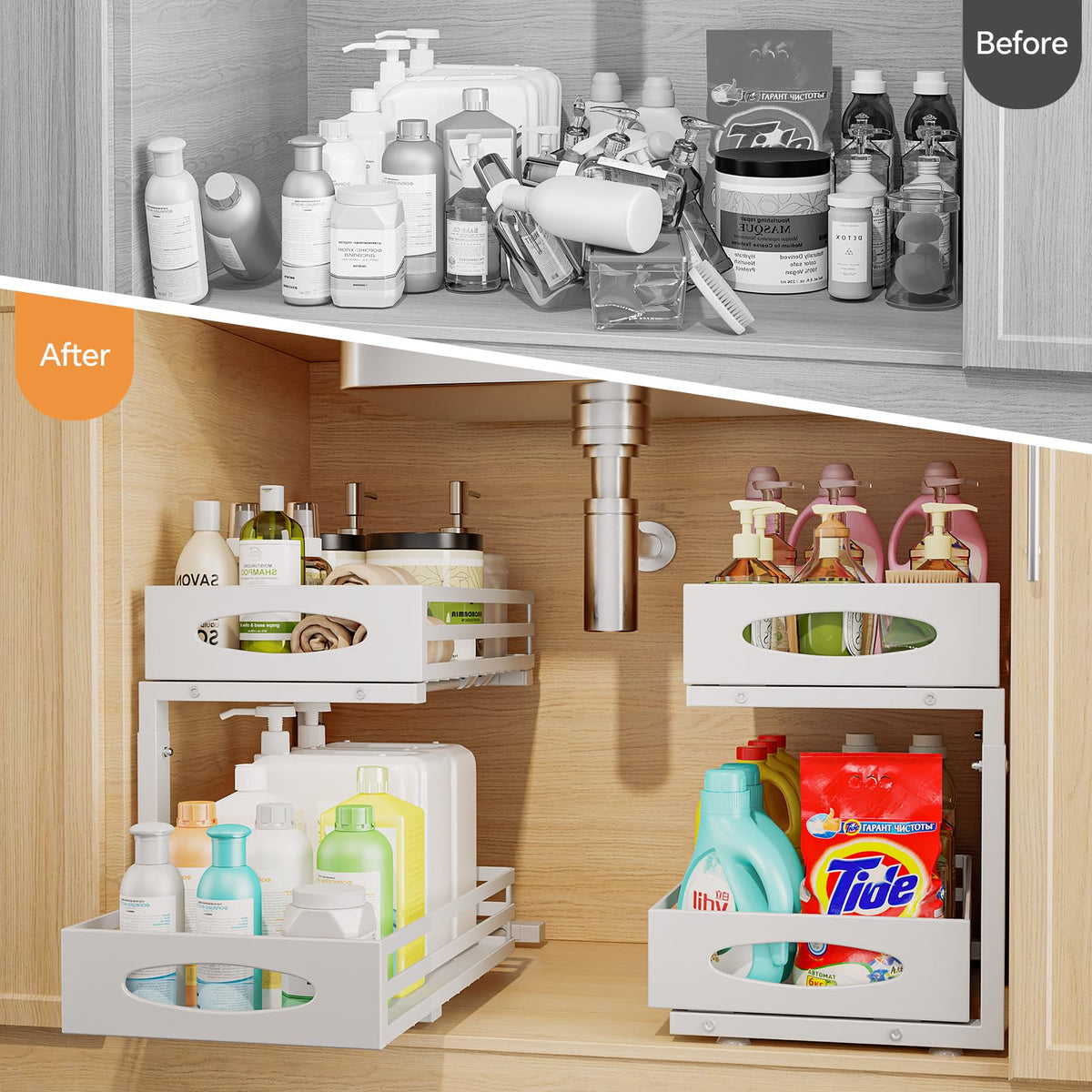 MixeShop adjustable-height under-sink organizer fits different cabinet depths