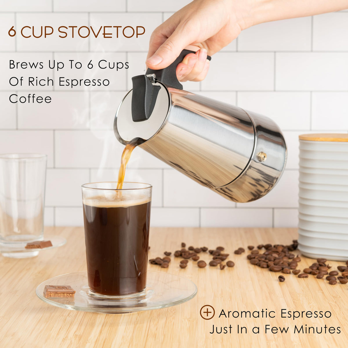 Mixpresso moka pot handle close-up shows black plastic grip for easy pouring