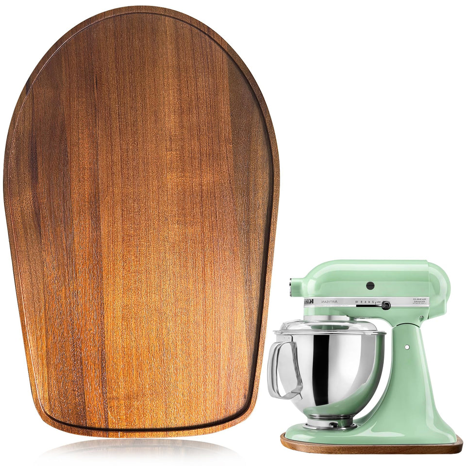 MJFAJAZF Acacia wood mixer slider mat on counter, showing sturdy base