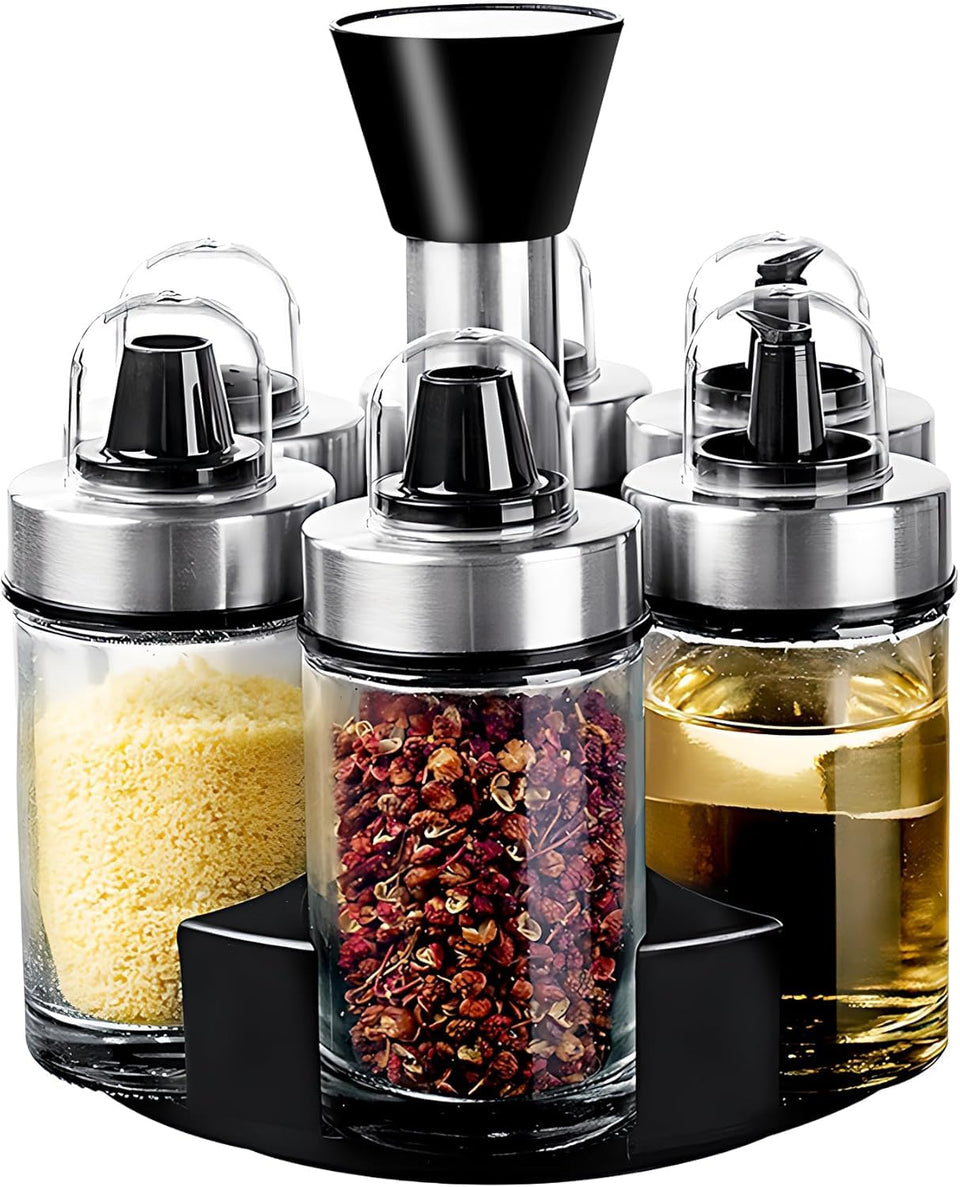 Mlici oil and vinegar dispensers on a rotating rack for easy seasoning.
