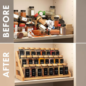 Organized MNADSFKJ kitchen with bamboo spice rack on work surface