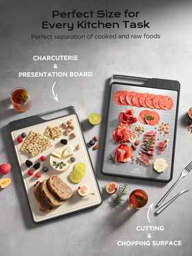 MNCOZY dual-sided board offers titanium meat surface and wheat straw prep area.