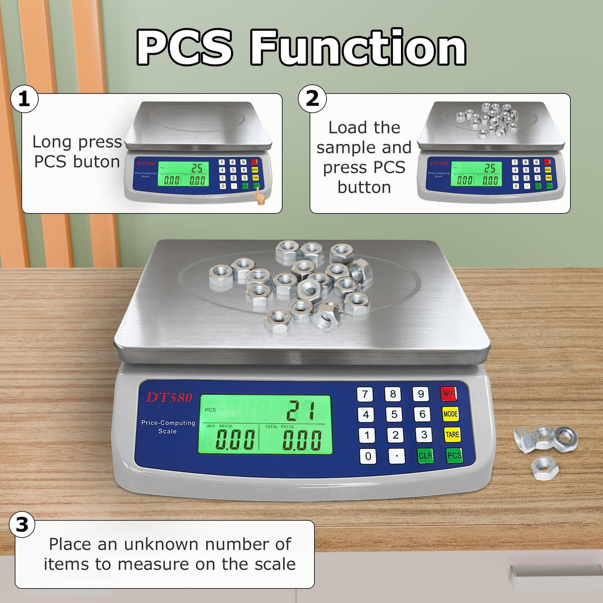 MOCCO pricing-weight-PCS-tare scale supports fast pricing and portioning.