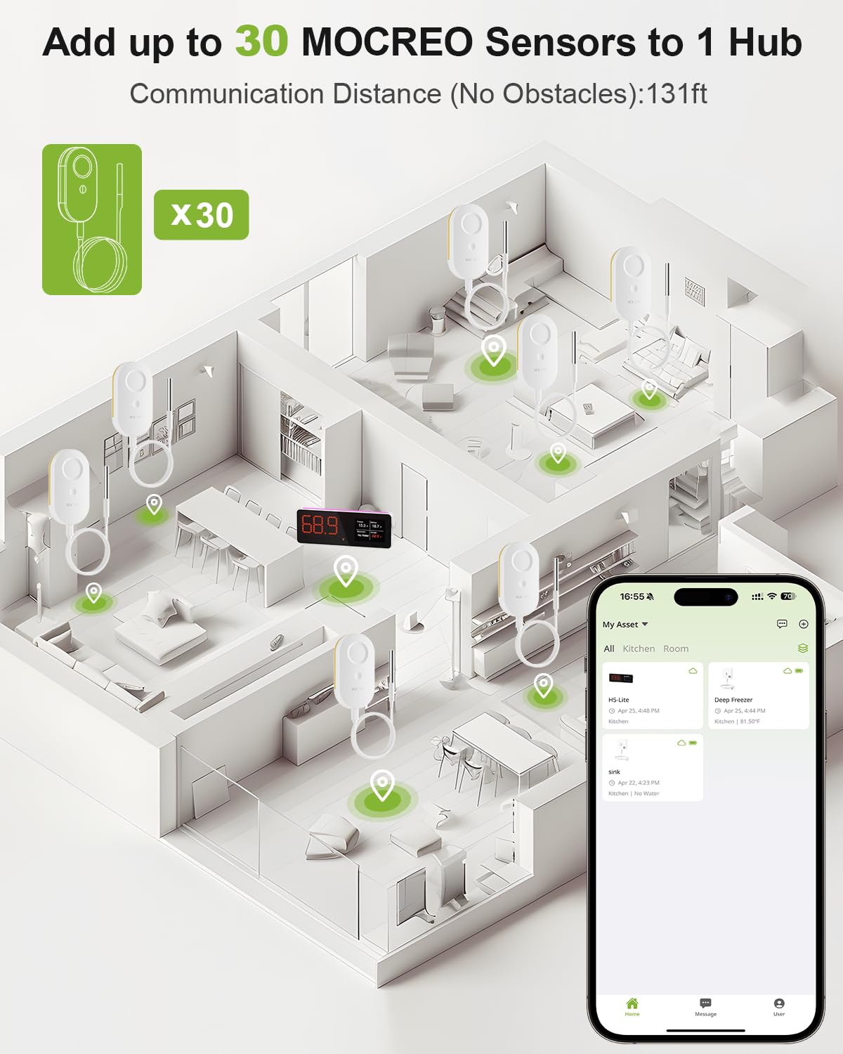 MOCREO adhesive-backed sensor mount enables easy, secure installation.