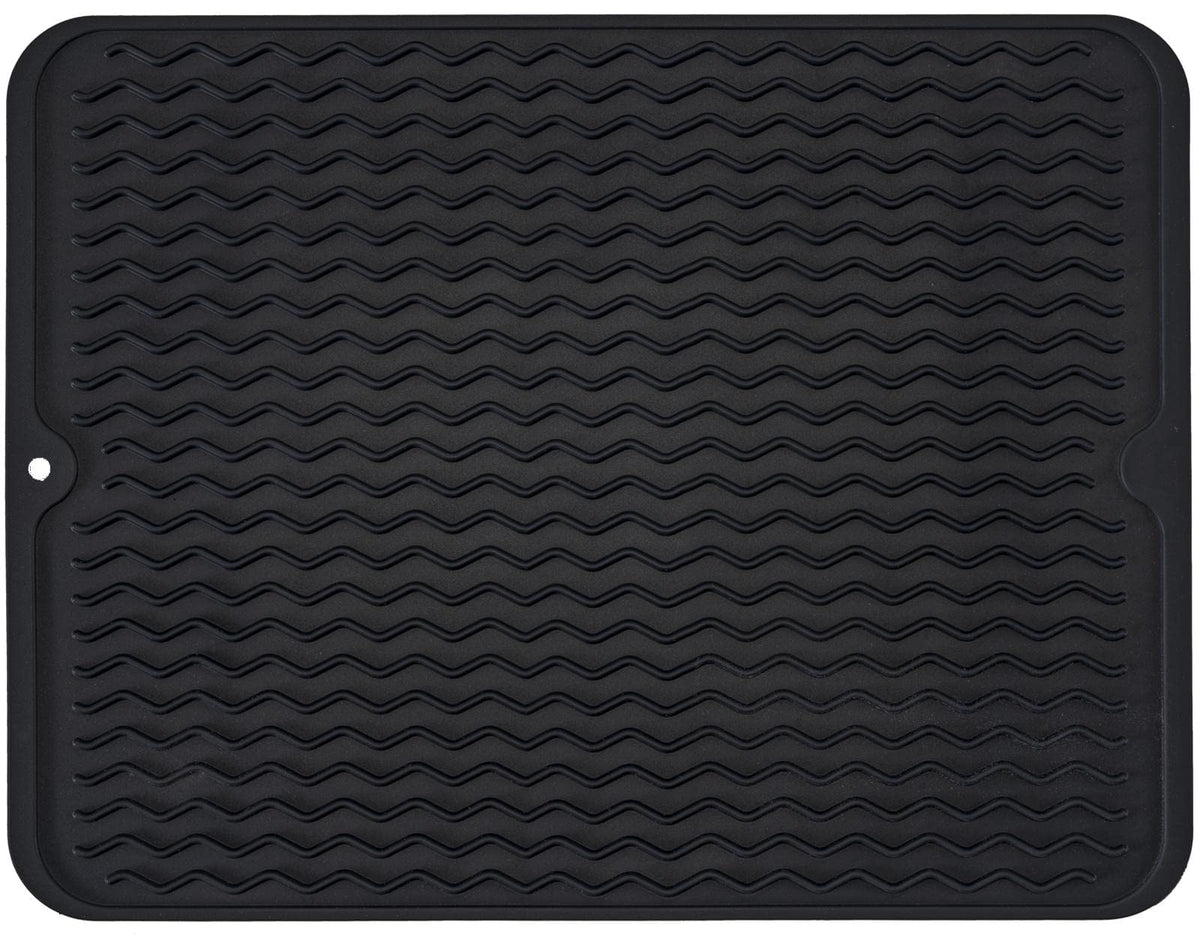 MODENGKONGJIAN silicone dish drying mat in black keeps countertops dry and organized after washing.