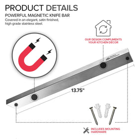 Modern Innovations magnetic knife bar mounted on wall, organizing knives and utensils neatly.