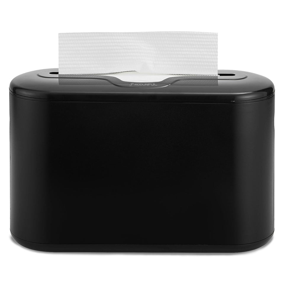 Modunful multifold towel dispenser on countertop provides quick access and tidy spaces.