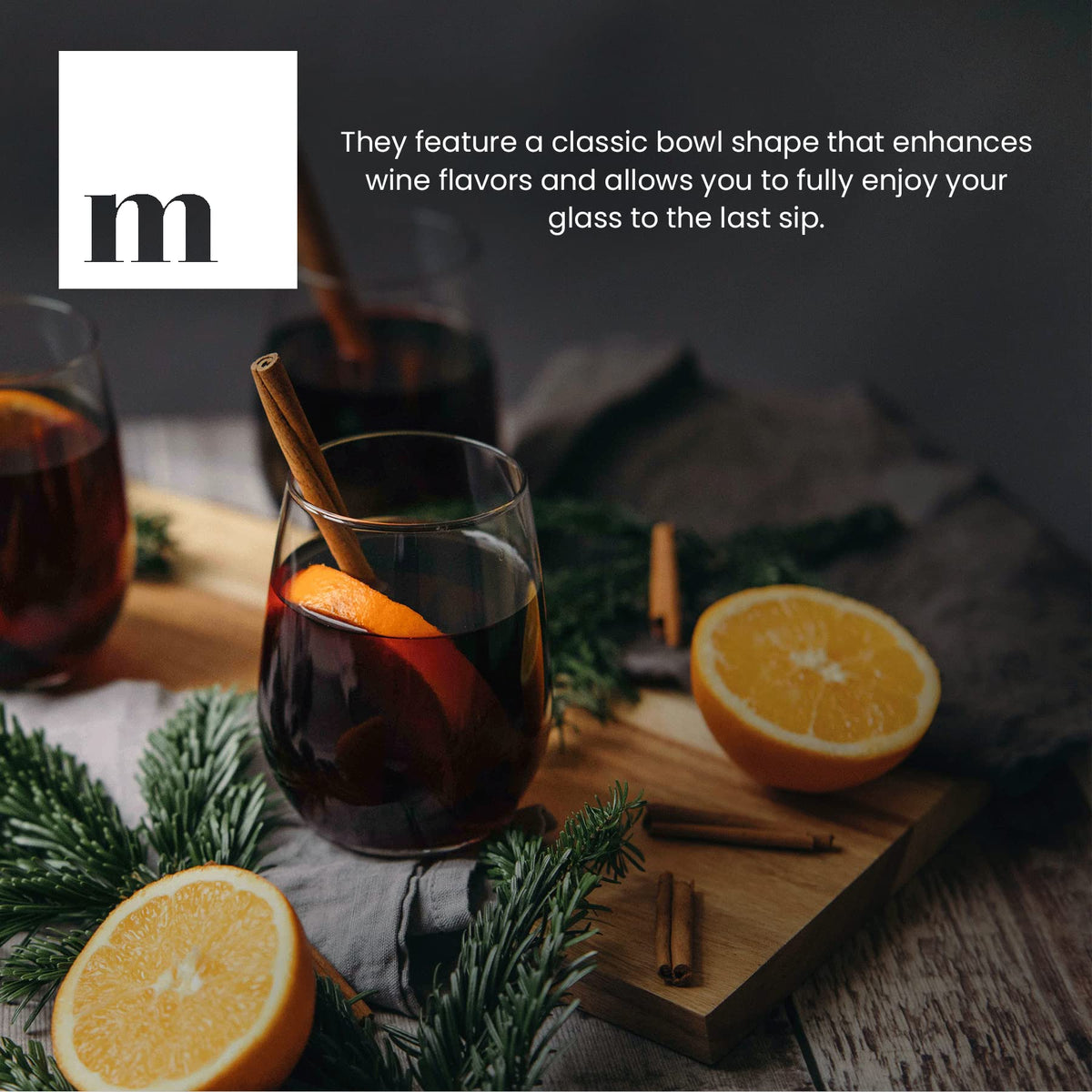 Modvera stemless glasses with wide bowl to enhance wine aeration.