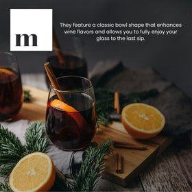 Modvera stemless glasses with wide bowl to enhance wine aeration.