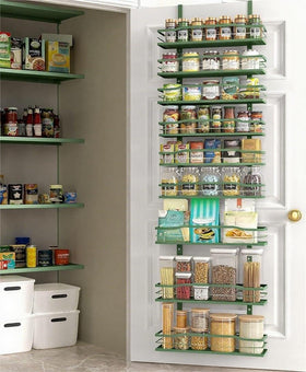 Moforoco Sage Green 9-tier over-the-door pantry shelves organizing spice jars.