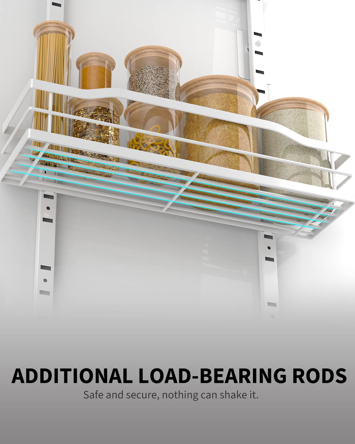 Moforoco White 6-Tier Over Door Pantry Organizer shown in multiuse setup for various rooms.