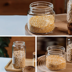 Moladri glass jar with wood lid adds modern decorative touch to kitchen shelves