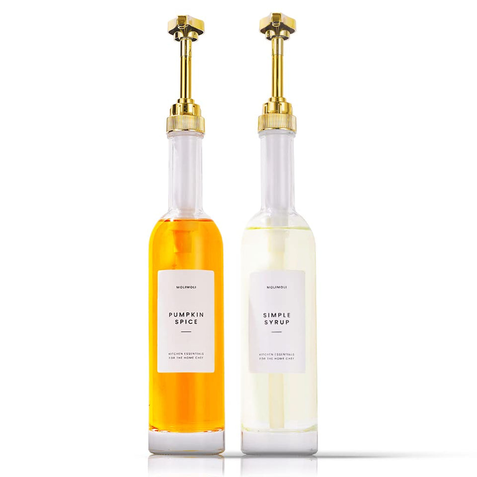 Molimoli coffee syrup dispenser with gold finish and glass bottles for organized pour control.
