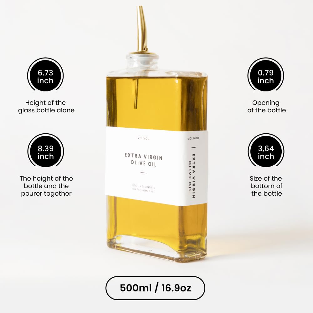 Molimoli gold pourer cap on sleek oil dispenser for controlled flow