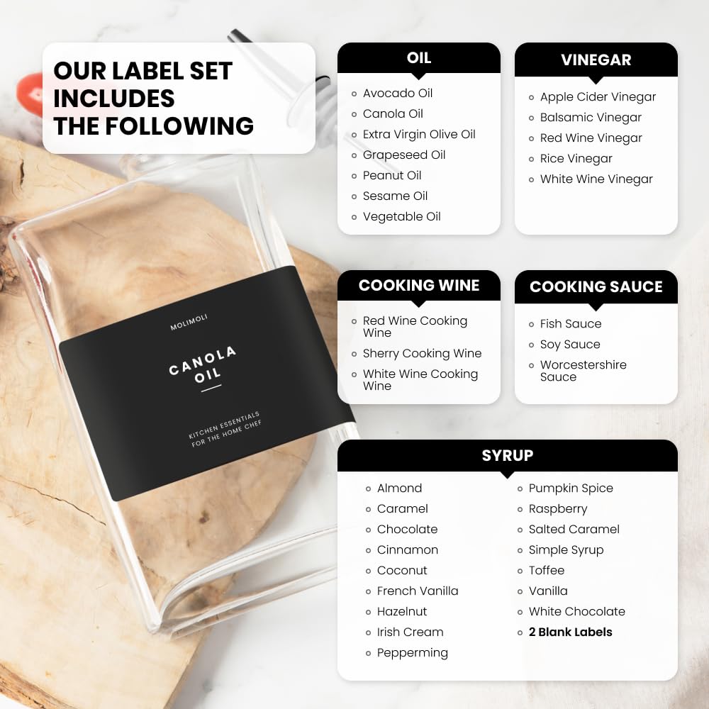Waterproof label set for Molimoli bottles, ready to categorize oils and vinegars