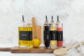 Molimoli bottles used for olive oil, soy sauce, and vinaigrettes in daily cooking