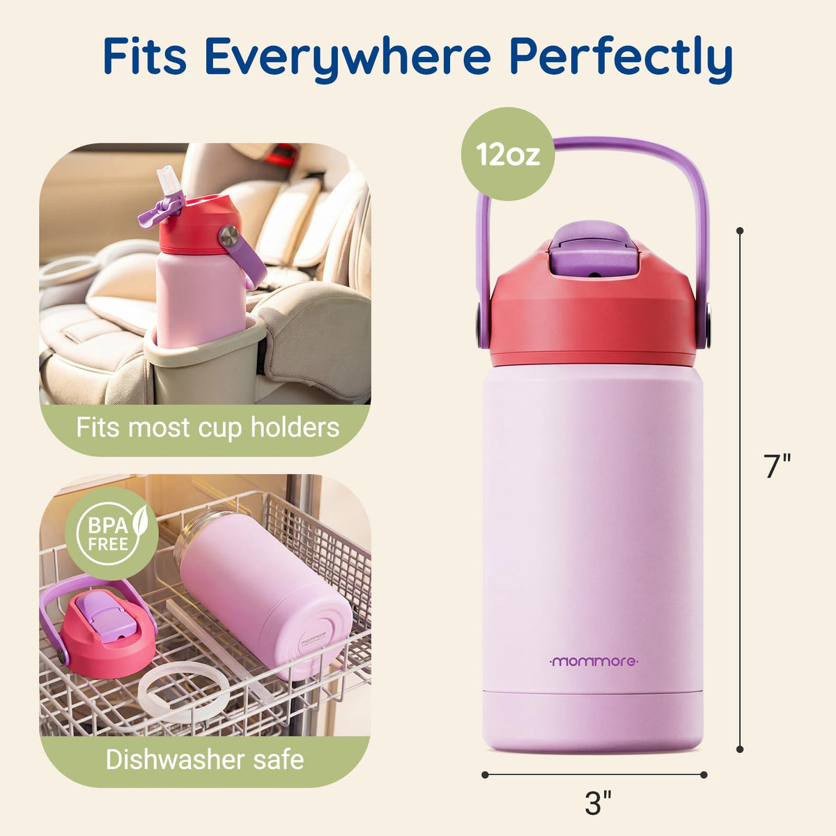 Mommore kids bottle closeup drink spout for independent sipping.