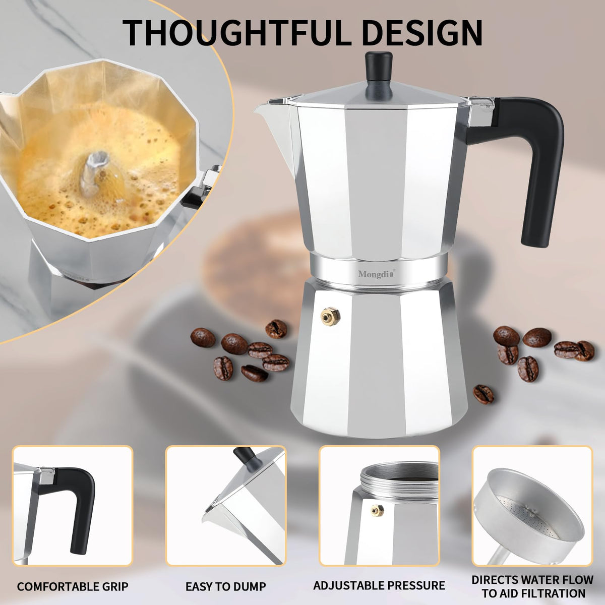 Heat resistant handle and lid knob on Mongdio moka pot for safe pouring