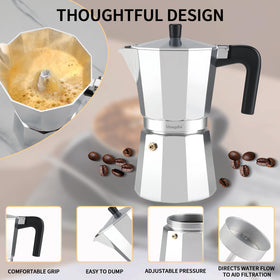 Heat resistant handle and lid knob on Mongdio moka pot for safe pouring