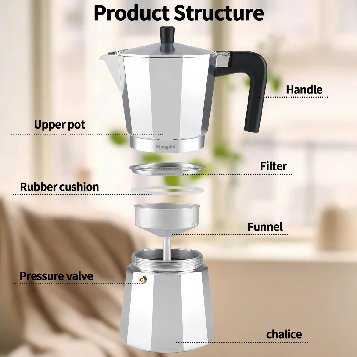 Mongdio moka pot safety valve detail ensures controlled pressure during brewing