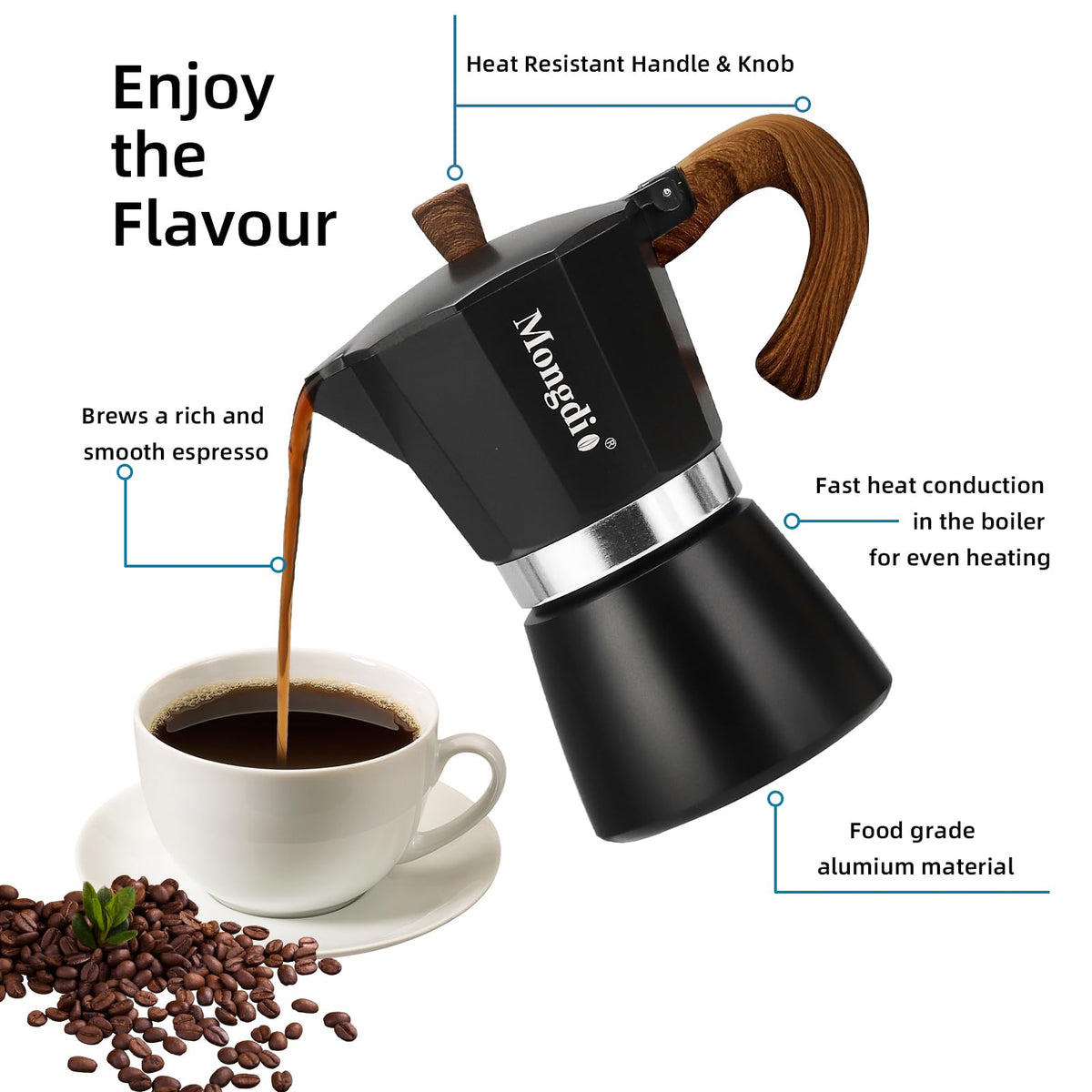 Mongdio stovetop espresso maker handle with heat‑resistant grip for safe pouring.