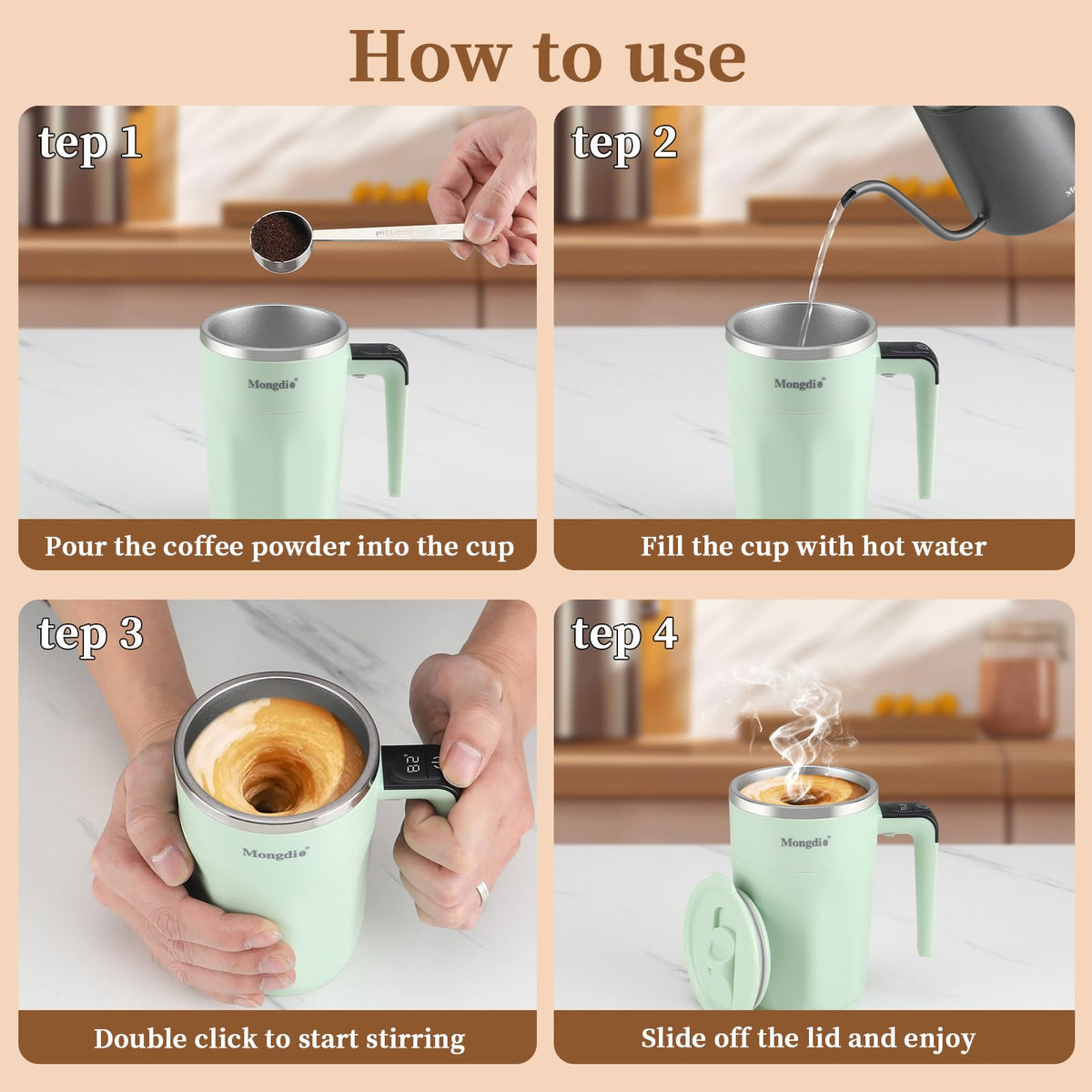 Mongdio self-stirring mug shows real-time temperature at the handle for safer sipping.