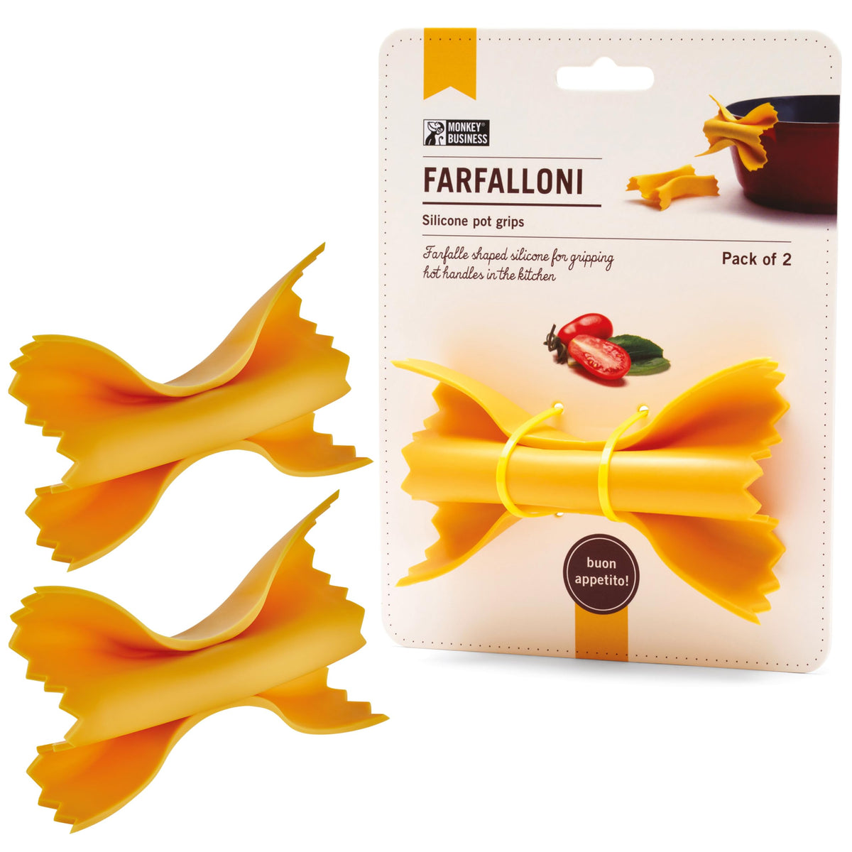 Monkey Business farfalloni-shaped pot holders front view, heat-resistant silicone protects hands during pot handling.