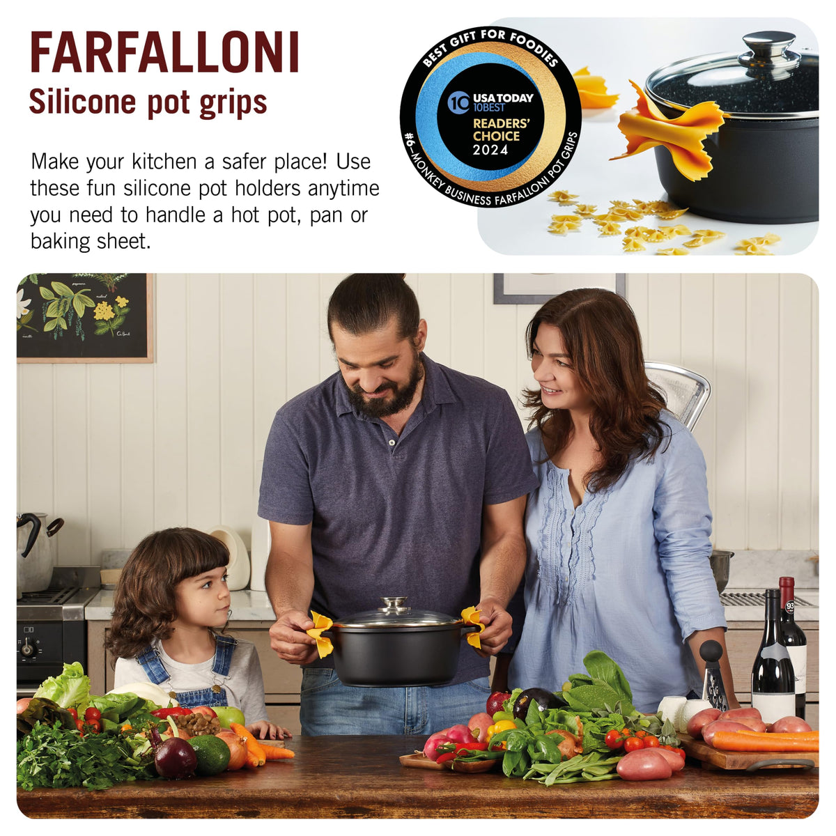 Monkey Business farfalloni-shaped pot holders side view, flexible grip for moving hot pots safely.