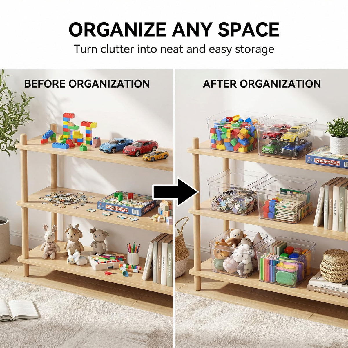 MOONEDGE clear bin ideal for toy storage in playrooms.