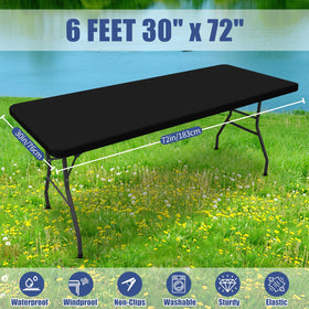 Moosfor black 6ft rectangle tablecloth; fits banquet tables.