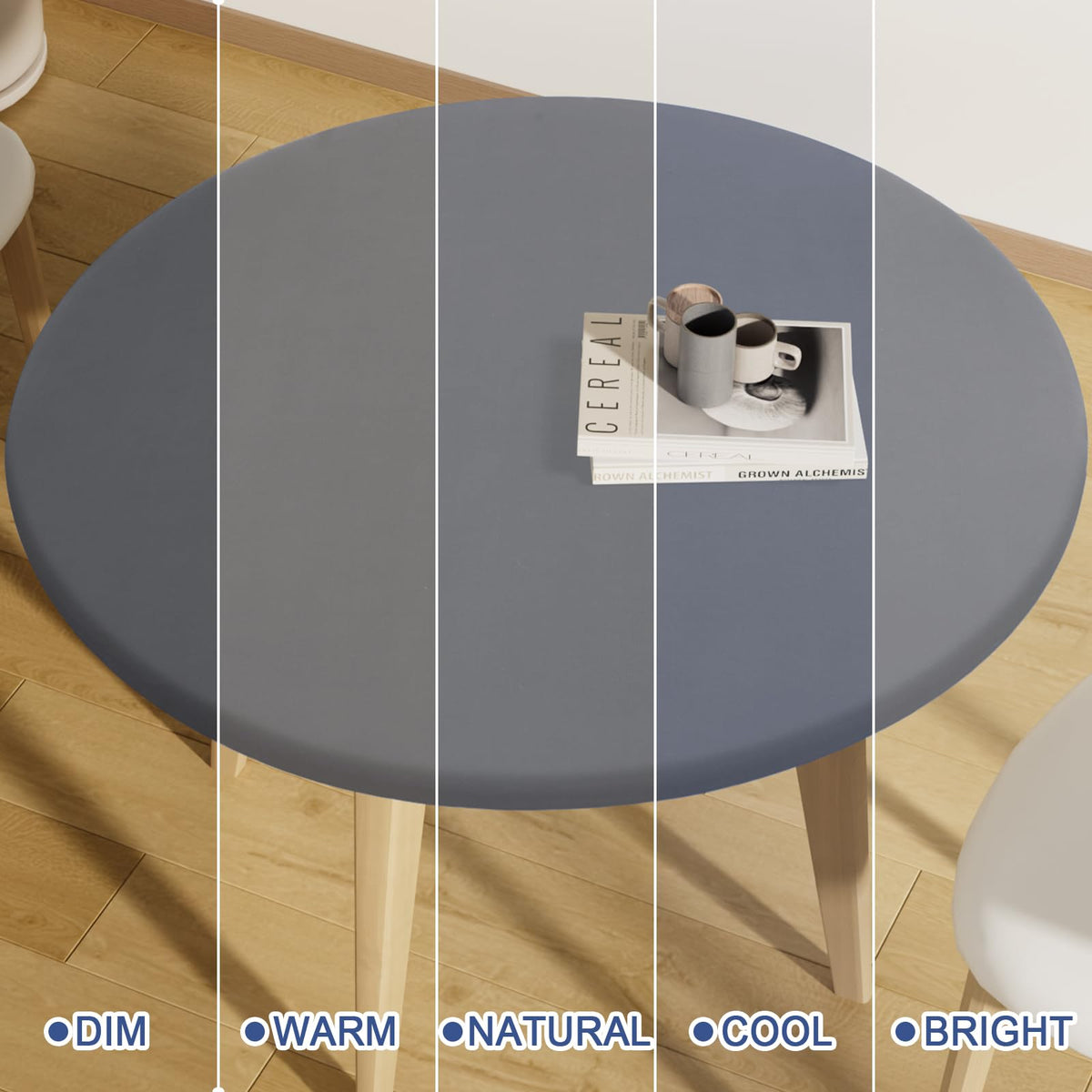 Grey Moosfor round tablecloth laid over indoor dining table
