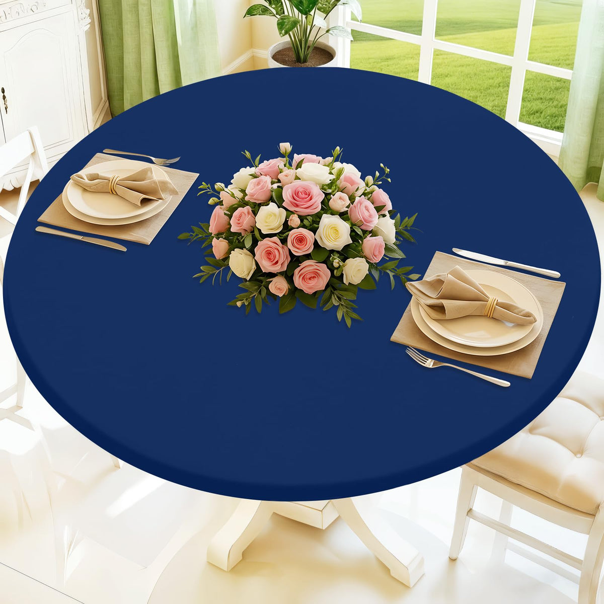 Moosfor round spandex tablecloth with elastic edge fitting 45–56 inch tables securely