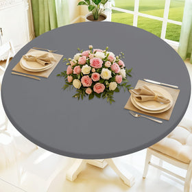 Moosfor round spandex tablecloth with elastic edges placed on a table for a secure fit