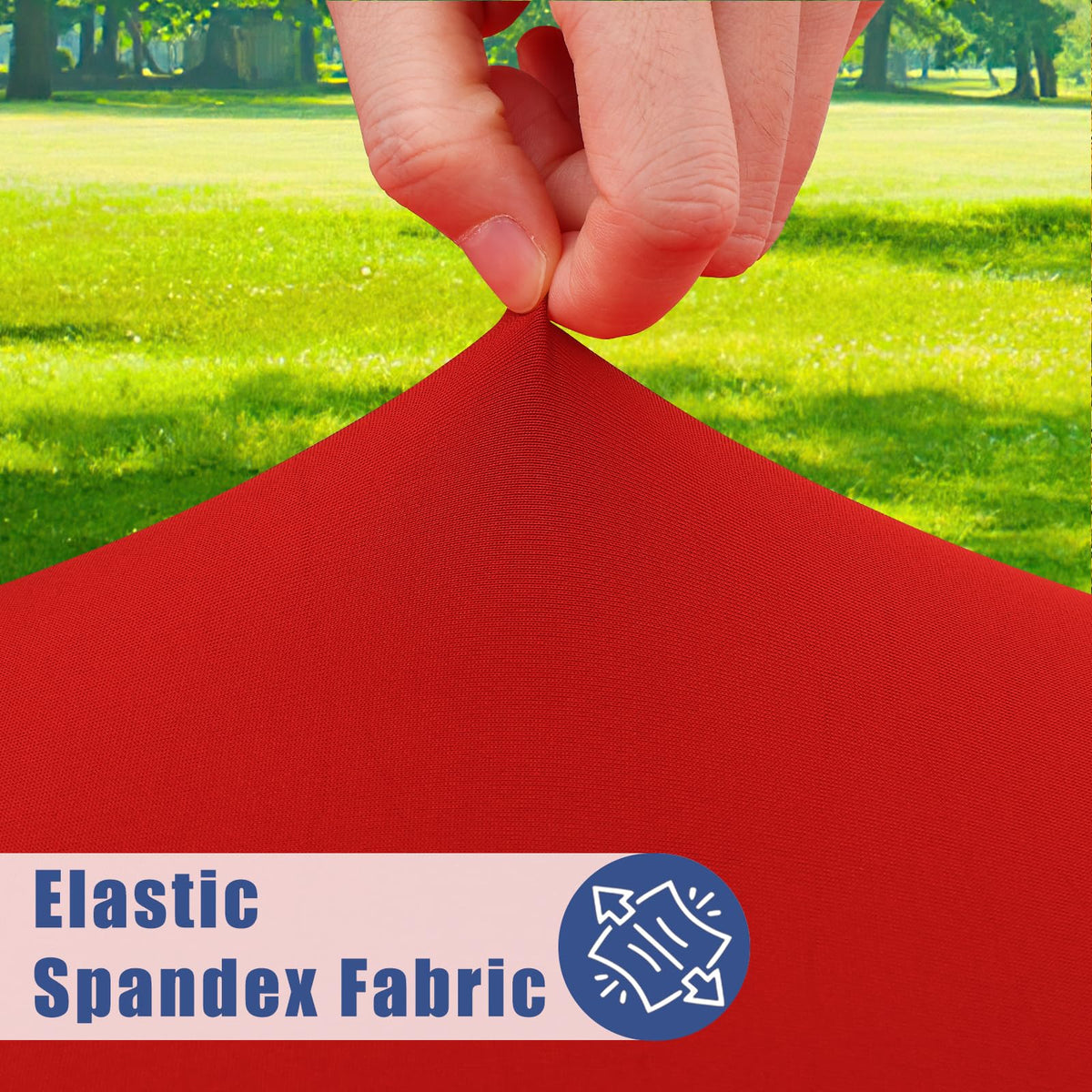 Moosfor red tablecloth showing elastic wrap-around edges for secure fit.