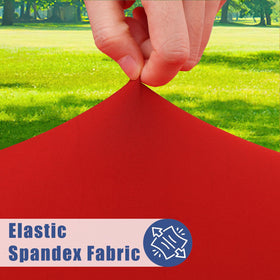 Moosfor red tablecloth showing elastic wrap-around edges for secure fit.