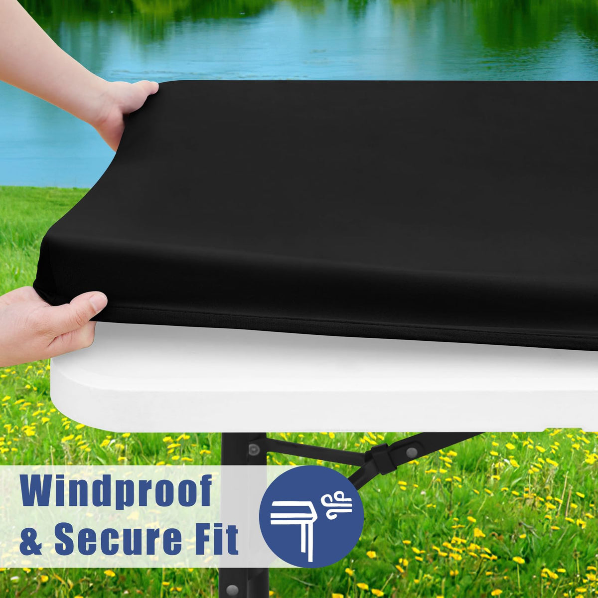 Moosfor spandex tablecloth windproof edge demonstrating stay-put fit.