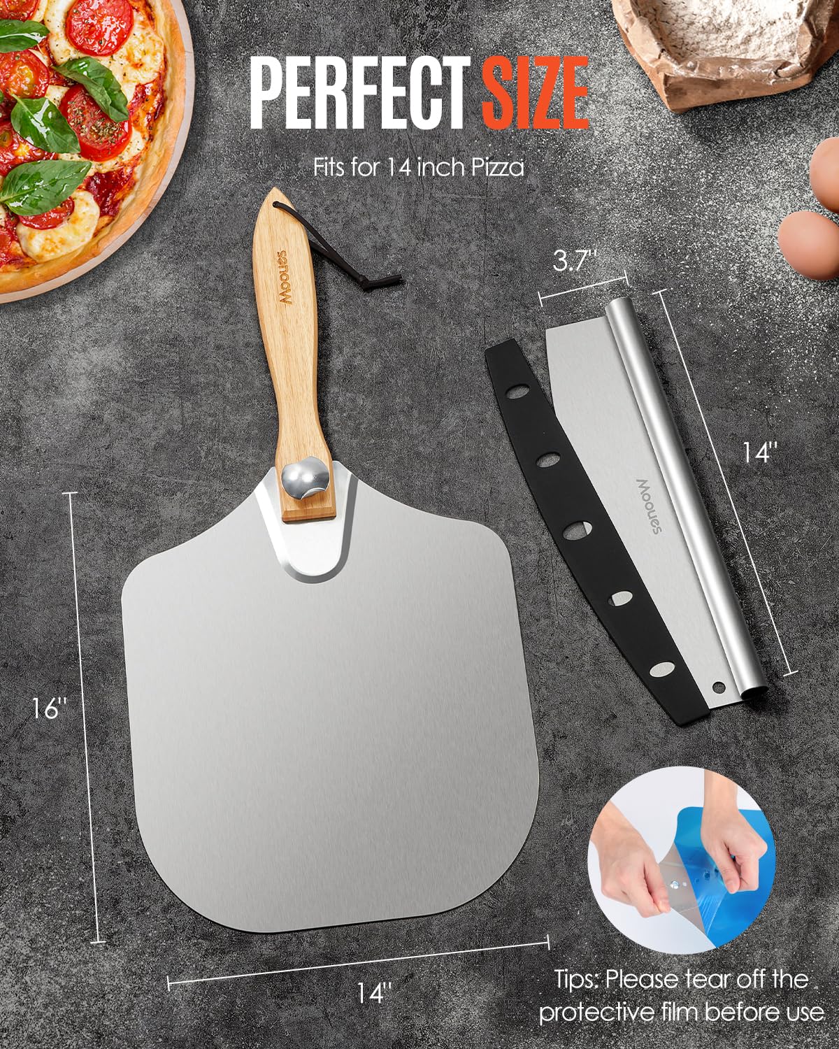 Mooues pizza peel extended to reach larger pizzas with comfortable grip
