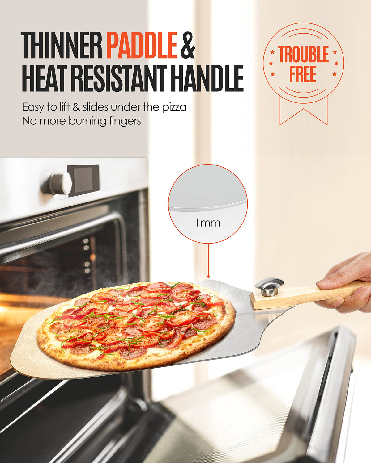 Mooues pizza peel with storage bag included for tidy organization.
