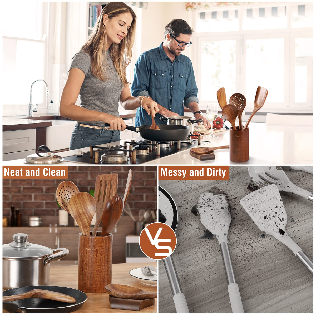 Mooues slotted spatula in teak for draining while lifting food