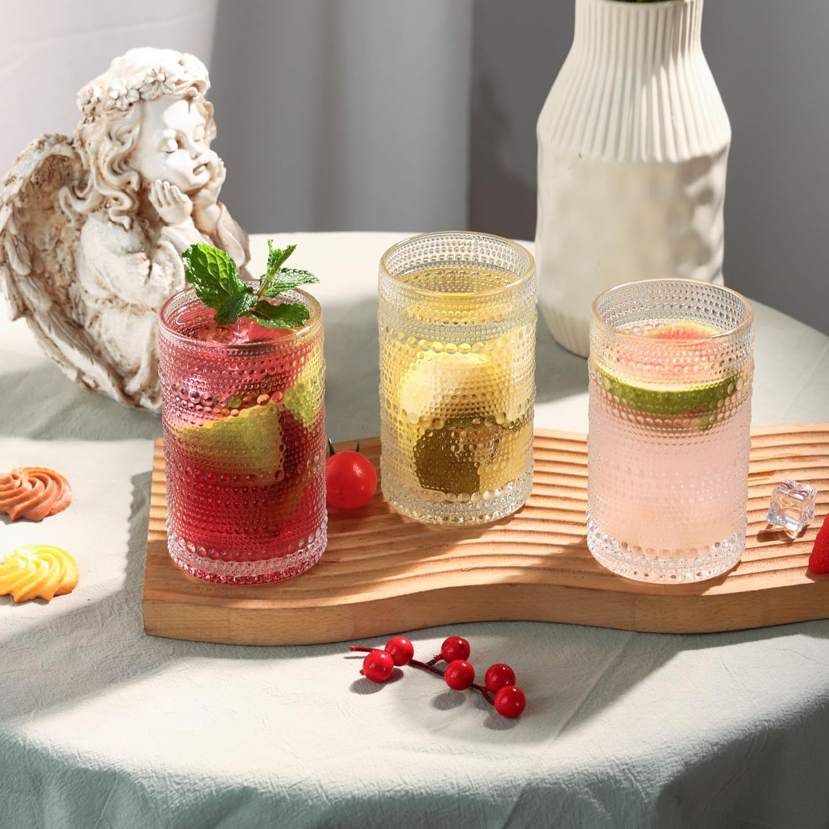 Moretoes highball glasses versatile for beer, soda, or mixed drinks.