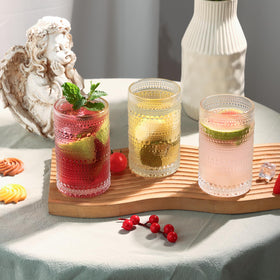 Moretoes highball glasses versatile for beer, soda, or mixed drinks.