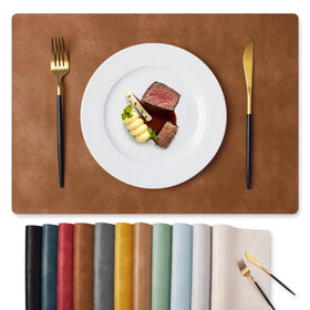 MOSAYT vinyl placemats in reddish-brown protecting a dining table from heat up to 212°F