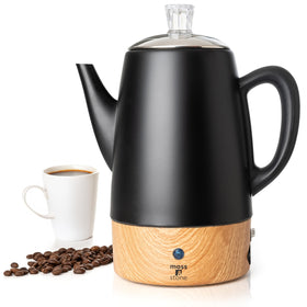 Moss & Stone 10-cup electric percolator on a kitchen counter for bold coffee.