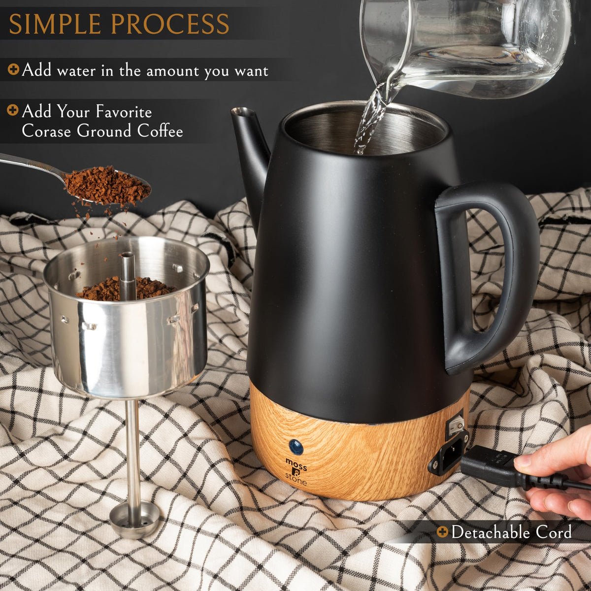 Moss & Stone percolator with cool-touch handle for safe, comfortable pouring.
