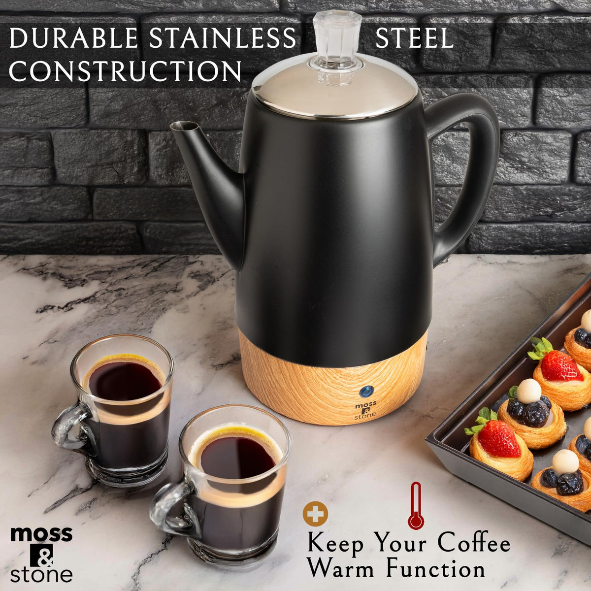 Moss & Stone keep-warm indicator light signals coffee readiness.
